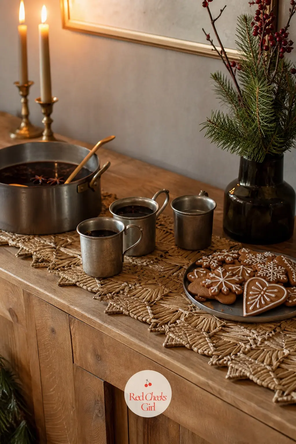 The Sideboard, Holding the Glogg and Gingerbread — A plain sideboard behind the table carries the drinks and the gingerbread rather than the table itself, kept