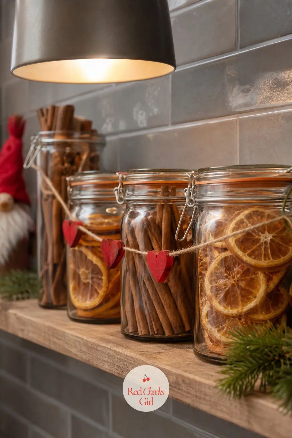 The Spice Shelf, Lined in Cinnamon and Dried Orange — A narrow shelf above the counter holds jars of cinnamon sticks and dried orange slices strung together