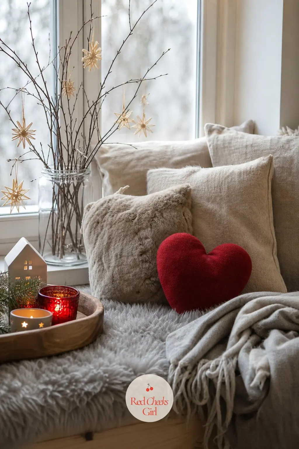 The Window Seat, Banked in Sheepskin and Candles — A deep cushion, a wool blanket folded at the end, and a jar of birch twigs holding three tiny straw stars