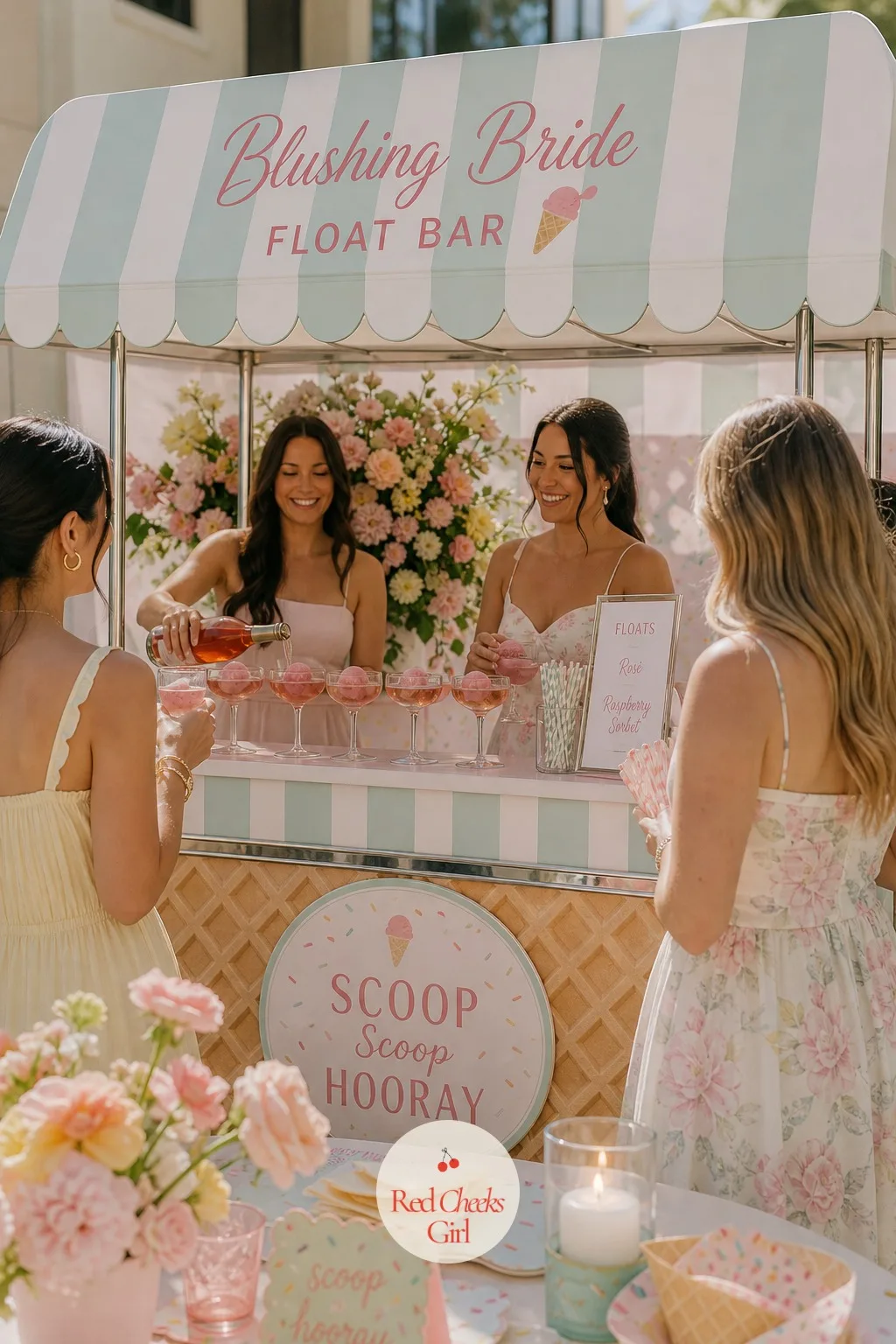 Blushing Bride Float Bar — A signature drink earns its keep twice here, doubling as the dessert course: rosé topped tableside with a scoop of raspberry sorbet