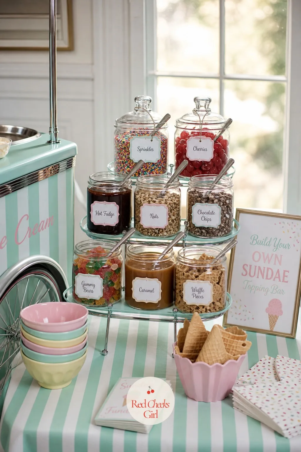 Build Your Own Sundae Topping Bar — Next to the cart, a tiered stand of glass jars turns topping into theatre: sprinkles, chopped nuts, maraschino cherries and