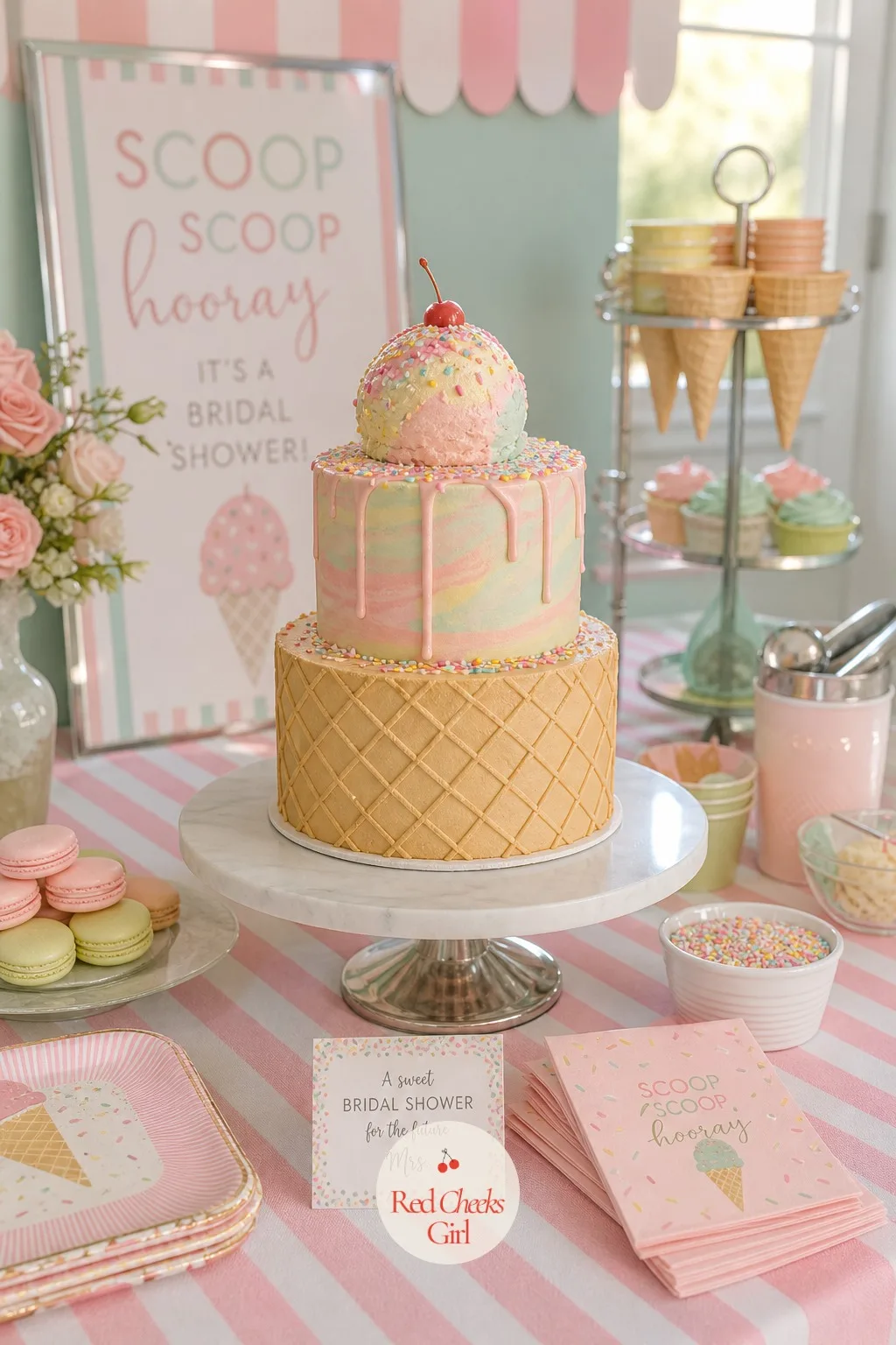 Cone-Shaped Tiered Cake — Every wedding has a cake, so the shower gets one too, shaped to look like the whole theme just stood up on a stand: the bottom tier