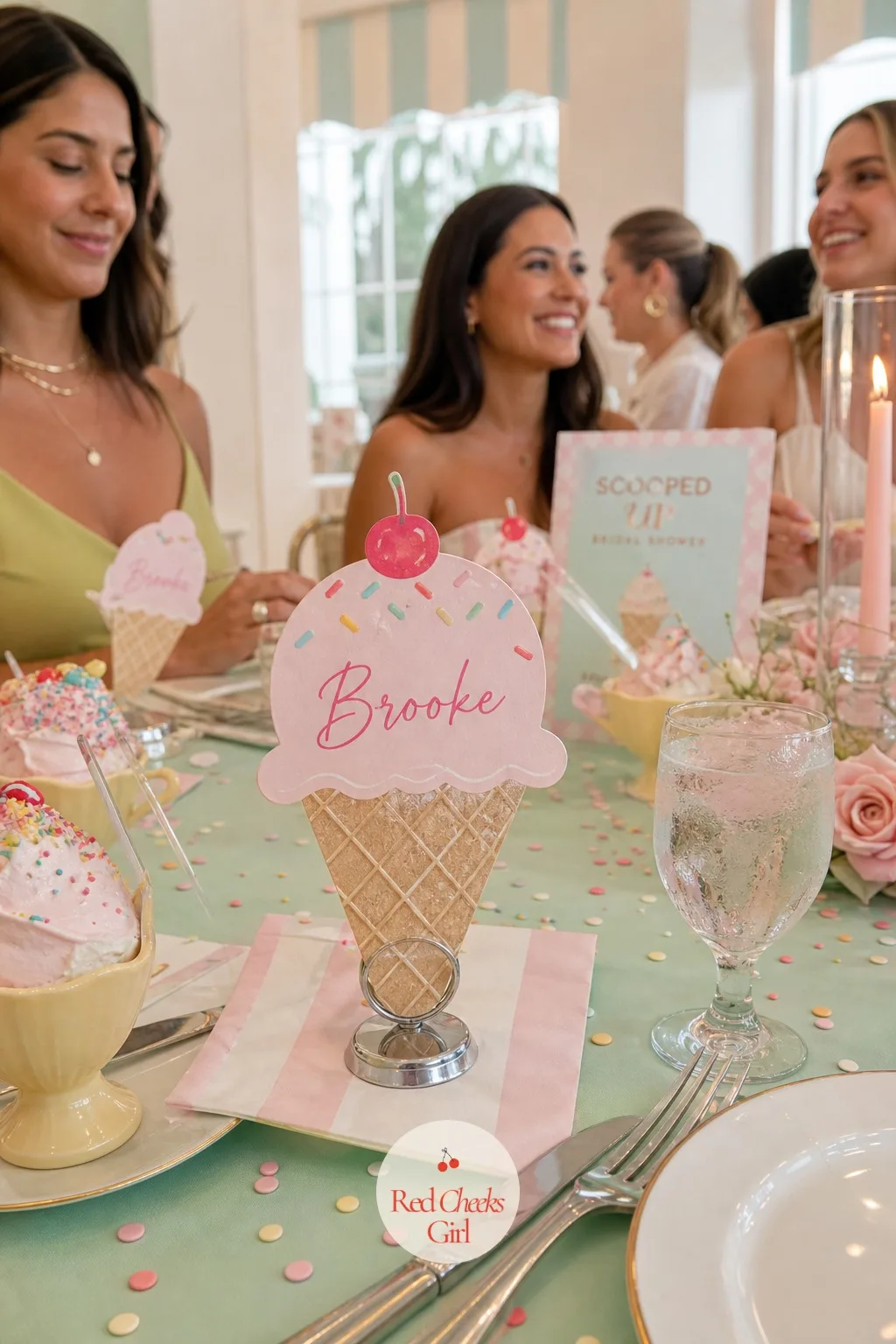 Ice Cream Scoop Place Cards — A folded card with a name on it is fine; a card shaped like a scoop balanced on a mini wooden spoon is the kind of detail a guest