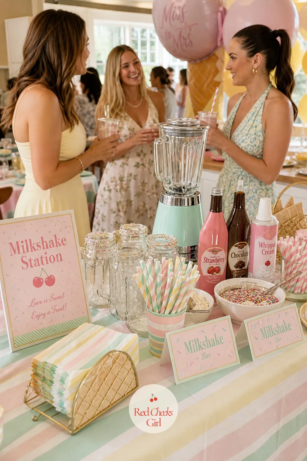 Milkshake Station with Striped Straws — Not every guest wants a sundae, and a milkshake station gives her a second way in without feeling like an afterthought.