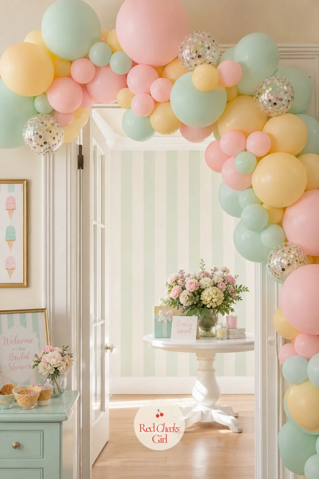 Mint Pink and Butter Yellow Balloon Garland — A bare doorway says nothing; an organic balloon garland over it says the party has arrived. Scooped up bridal