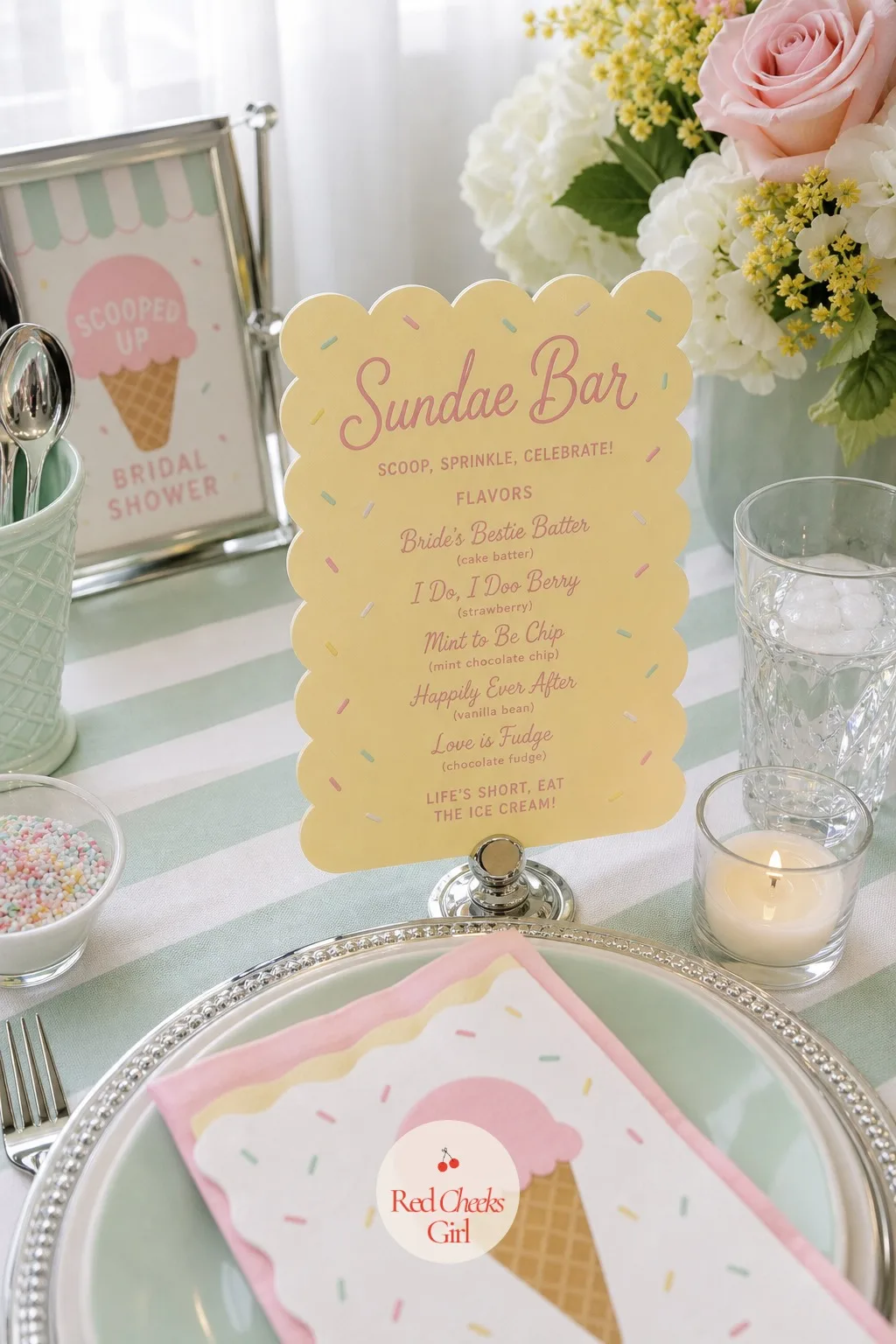 Pastel Menu Cards with Ice Cream Puns — Guests do better with a little direction at a spread this sweet, and a scalloped menu card listing the flavors and