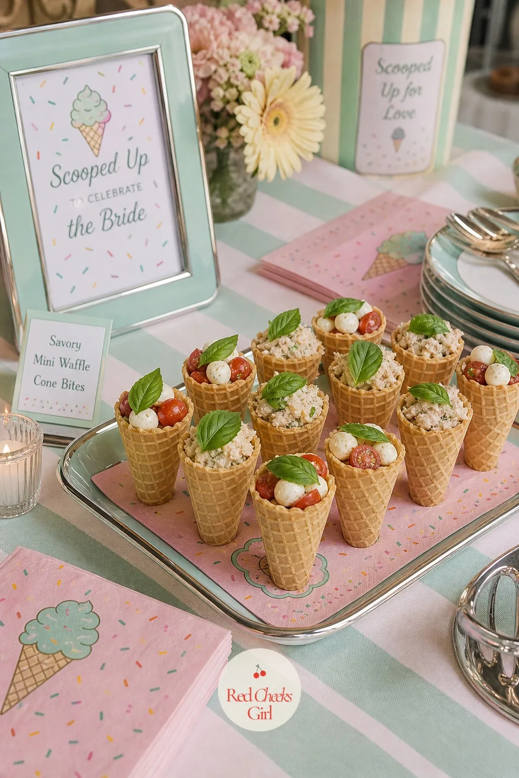 Savory Mini Waffle Cone Bites — After the cart, the cake and the cookies, the table needs one savory moment so guests are not eating sugar for two hours