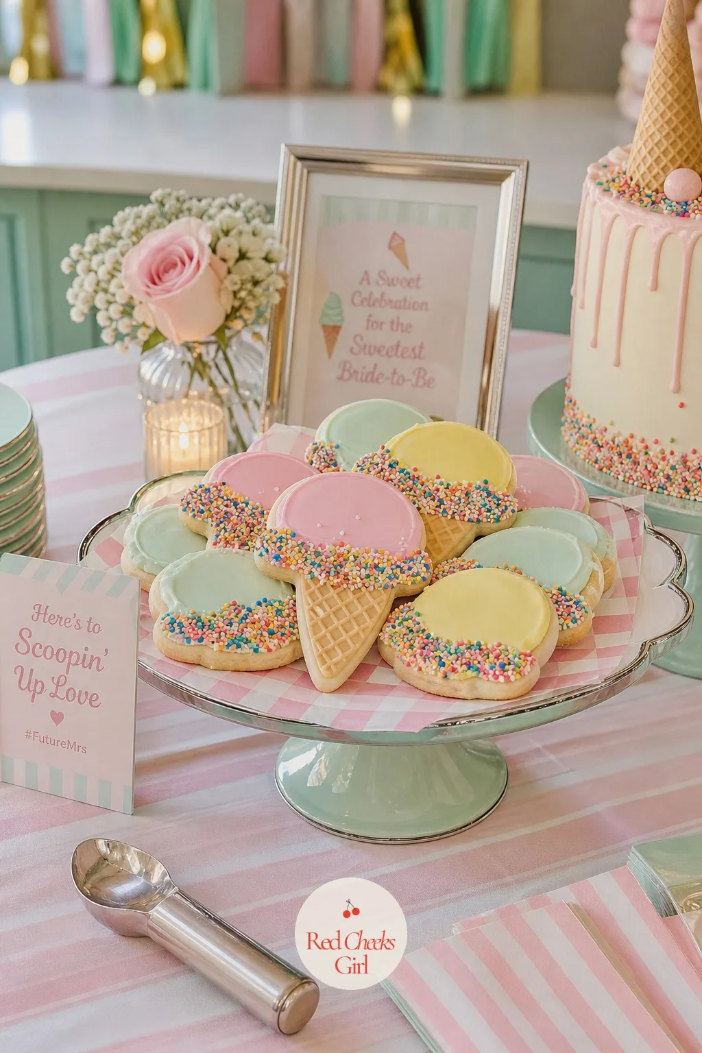 Sprinkle Sugar Cookies — Next to the cake, a stack of cookies cut into scoop and cone shapes gives guests something to grab on the way past without committing