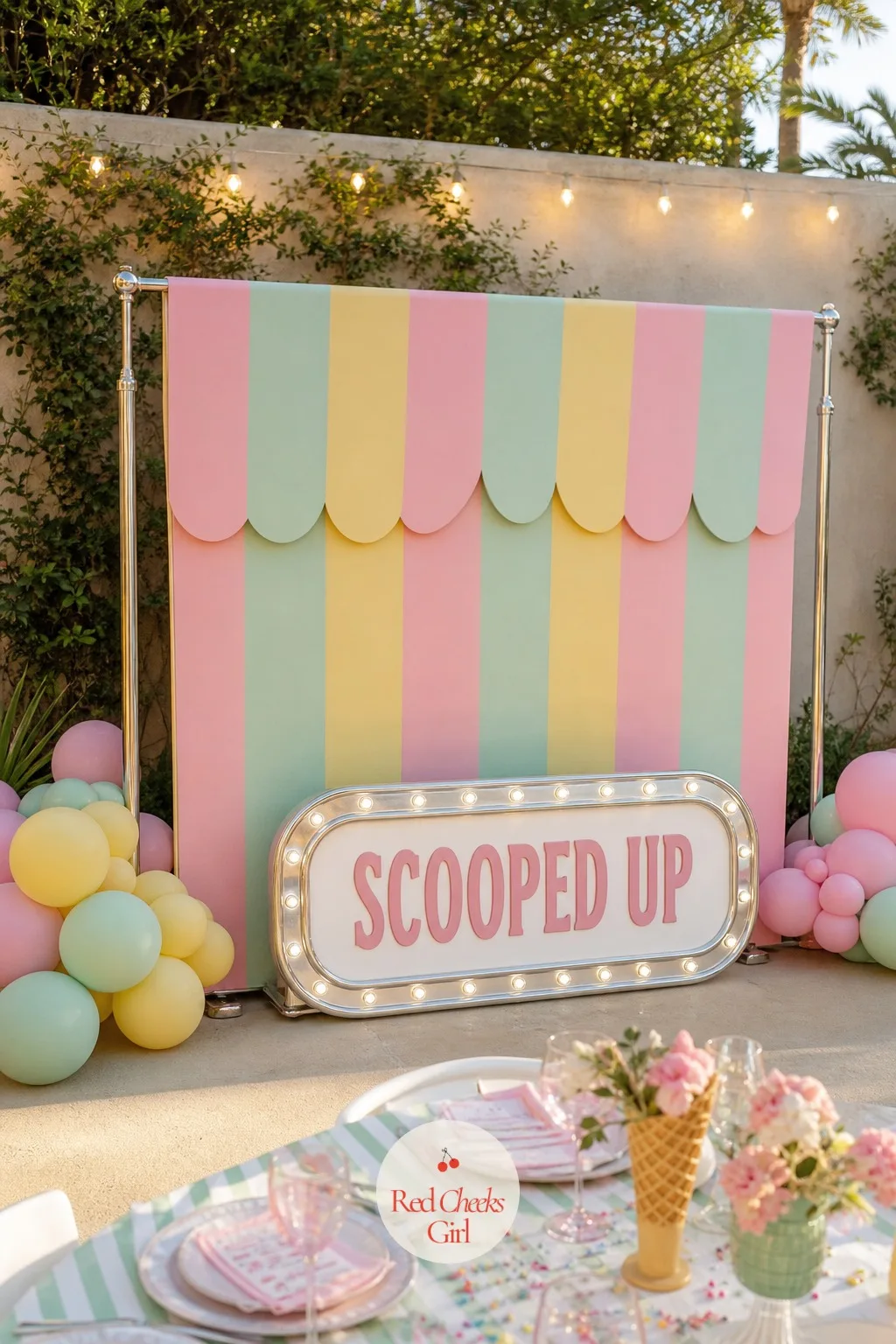 Striped Awning Backdrop and Scooped Up Marquee — She will worry a backdrop reads as too much fuss for an afternoon shower, but this one does the work of a