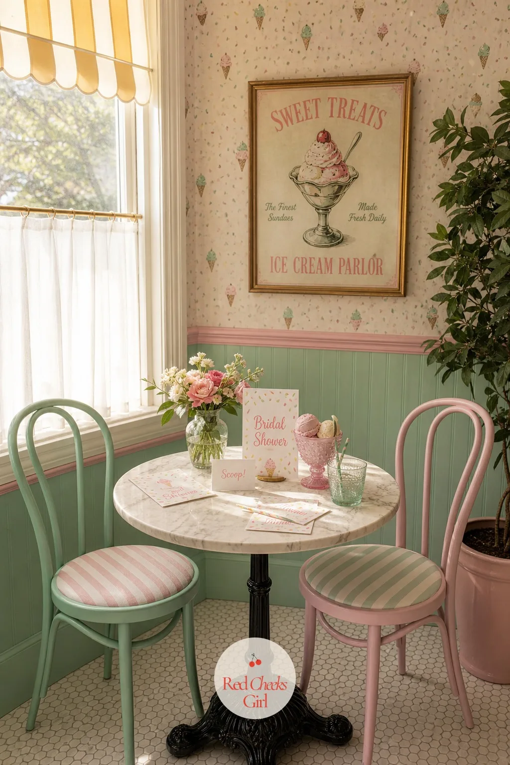 Vintage Soda Fountain Seating Nook — Somewhere past the cart, guests need a place to actually sit with a sundae instead of balancing it on a knee. Scooped up