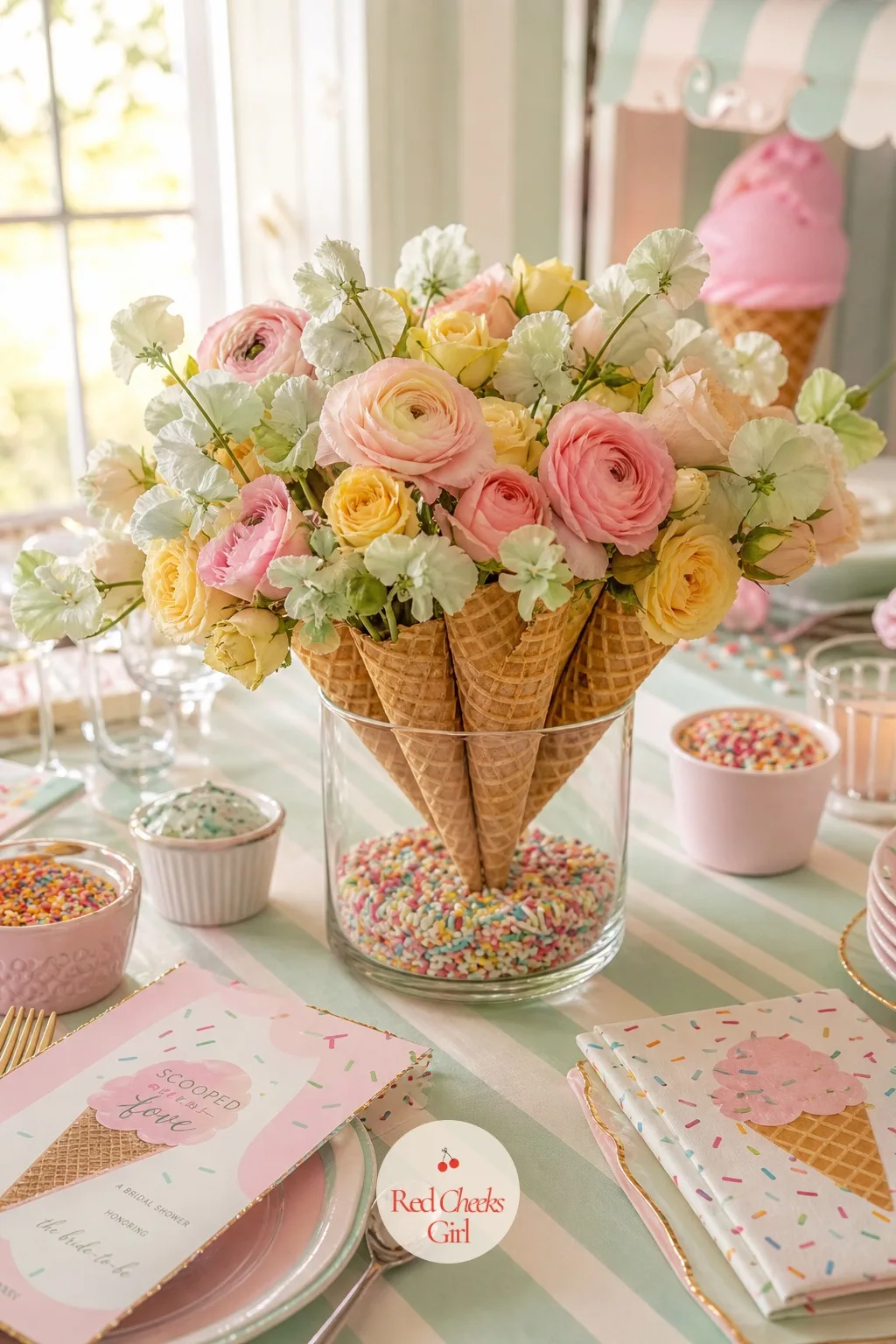 Waffle Cone Bouquet Centerpiece — A vase of flowers is pretty; a bundle of waffle cones standing upright and blooming out the top is the kind of centerpiece a
