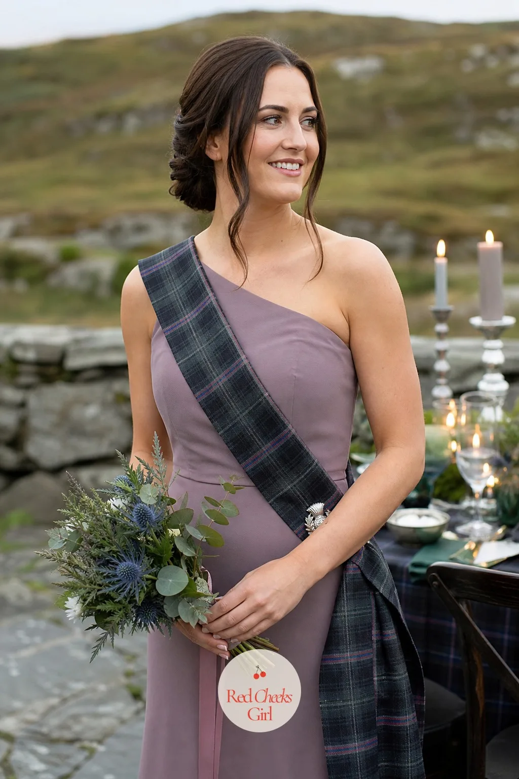 The Bridesmaids' Tartan Sashes — Matching purple dresses alone can read more prom than Highland. Scottish wedding ideas