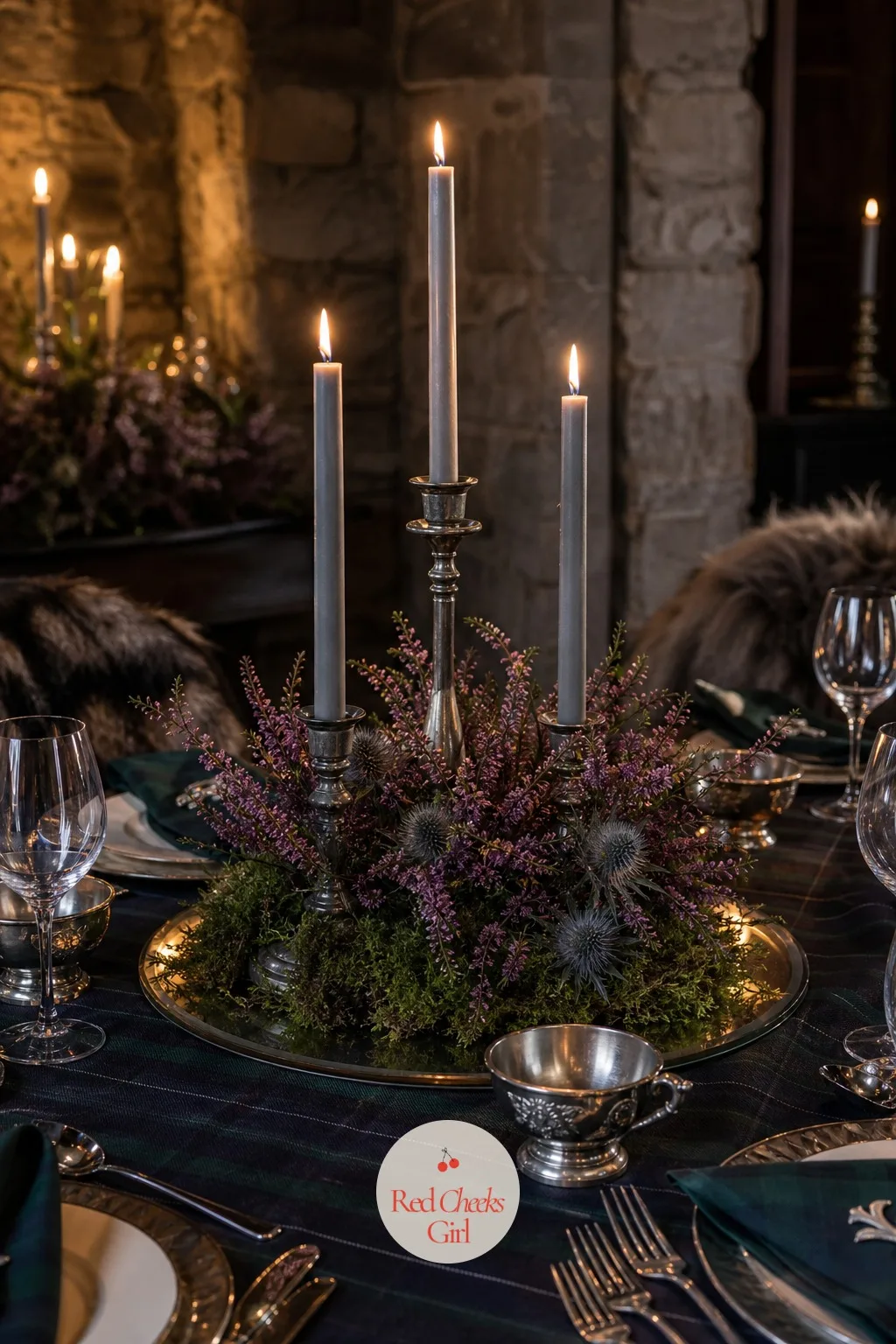 The Candlelit Heather Centerpieces — A single tall floral centerpiece can block the view across a long table, which matters when the whole point of the room is