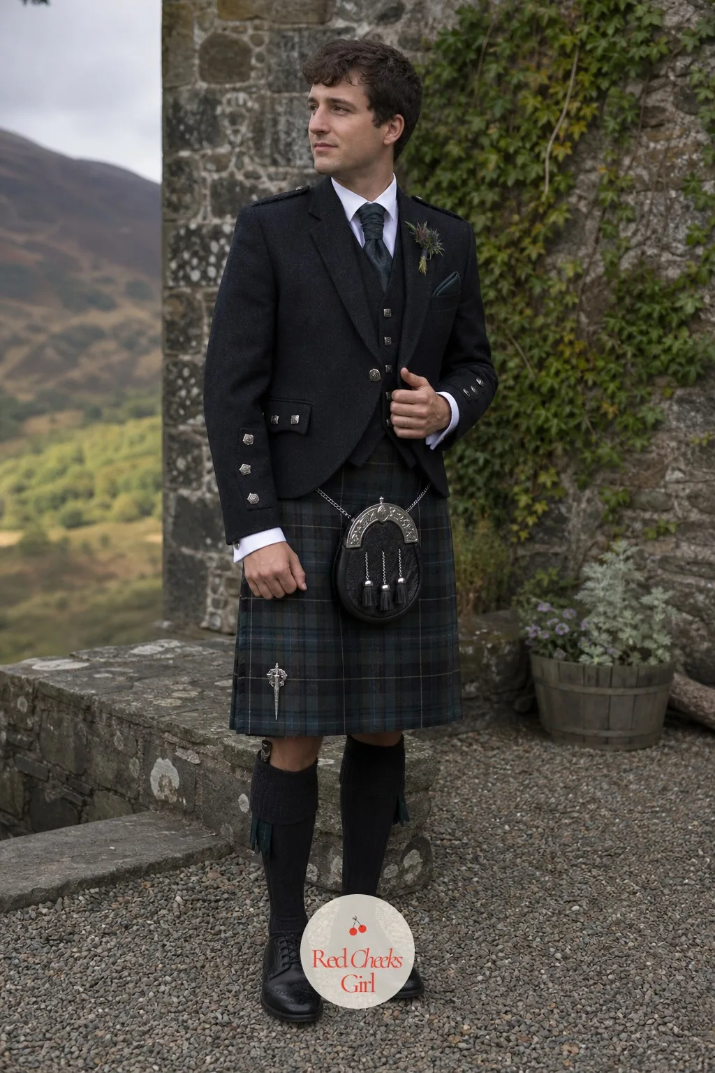 The Groom's Tartan Kilt Look — A rented black suit says nothing about where this wedding is happening. Scottish wedding ideas