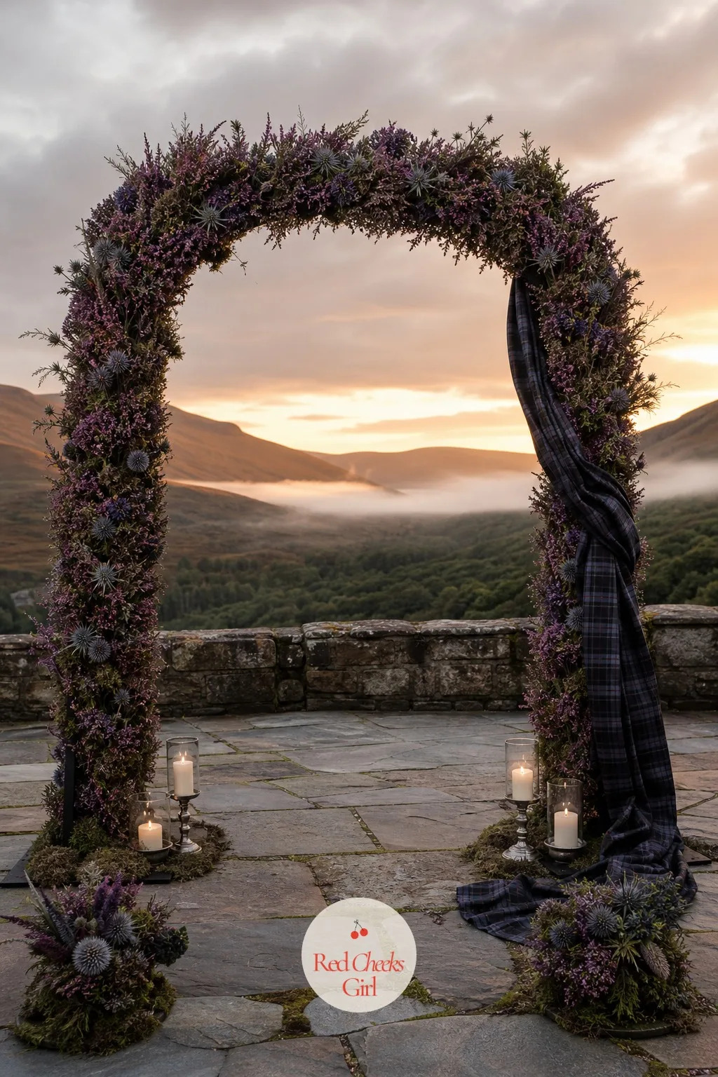 The Heather And Thistle Ceremony Arch — A bare arch at a Highland venue looks unfinished next to all that stone and sky, not simple. Scottish wedding ideas
