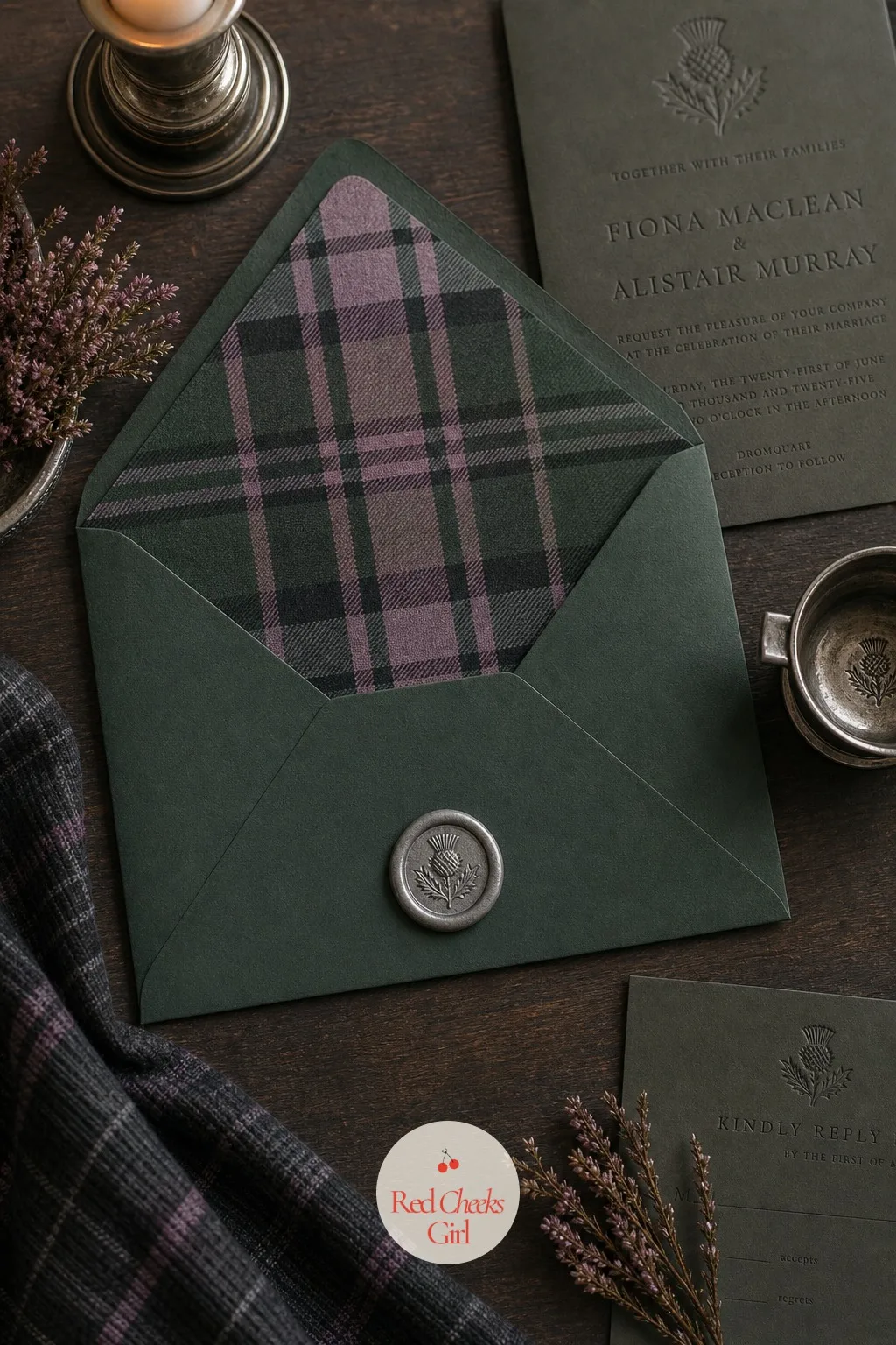 The Invitations With A Thistle Wax Seal — A plain printed card gives no warning that this is a Highland wedding before the envelope is even open. Scottish