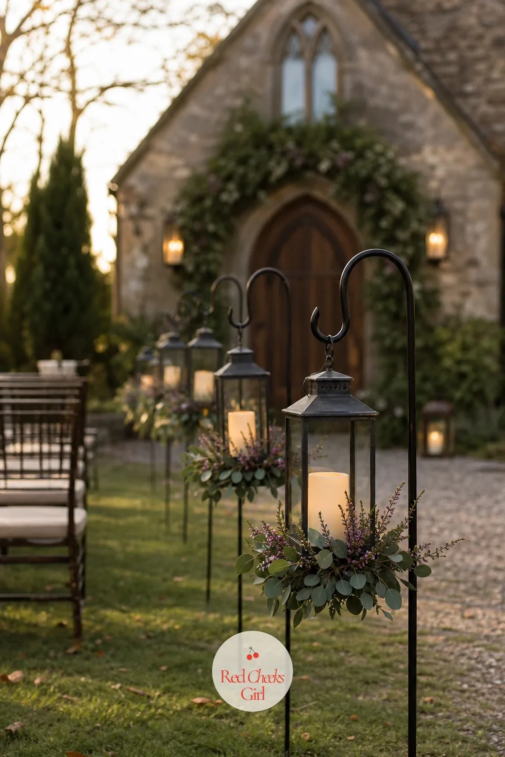 The Lantern-Lit Aisle — Guests walking to an outdoor ceremony after four in the afternoon need light that guides without competing with the main event.