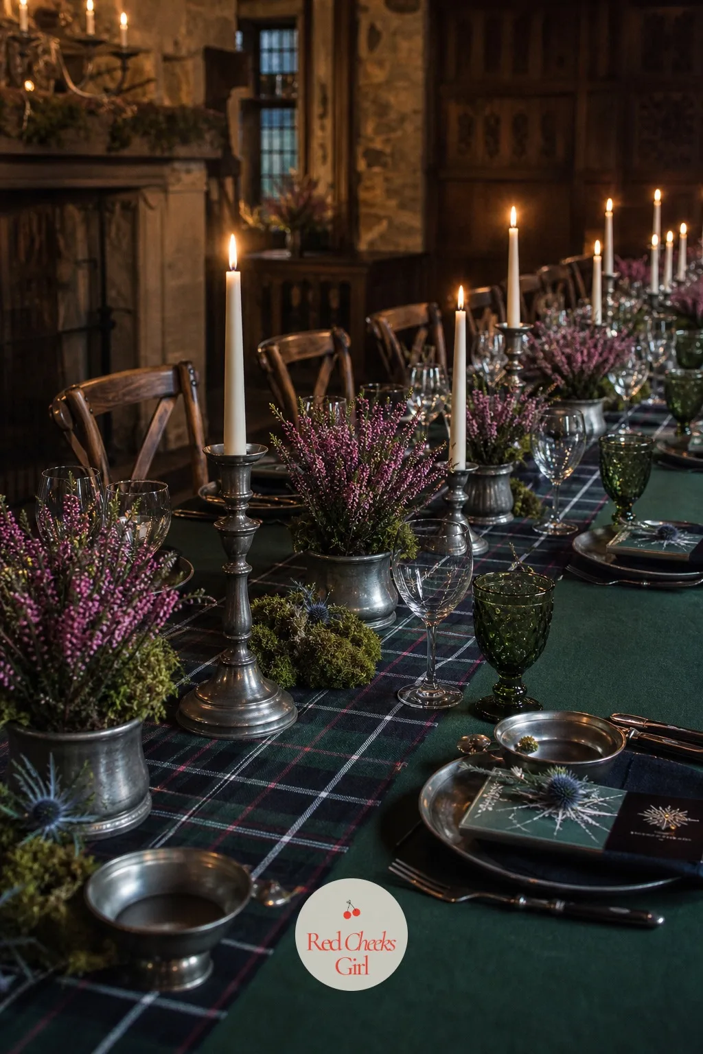 The Tartan Runner Tablescape — A plain white cloth reads like a conference room, not a Highland hall. Scottish wedding ideas