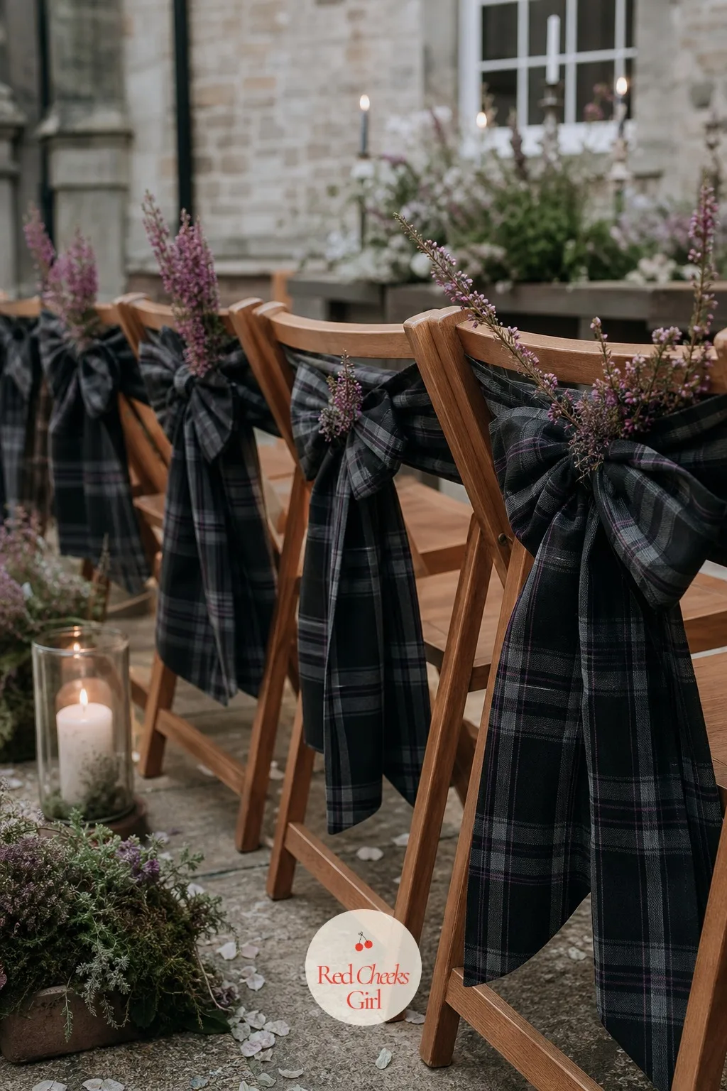 The Tartan Sash Chair Markers — Guests always hesitate at a Highland wedding with no formal pew cards, unsure where the family rows begin. Scottish wedding