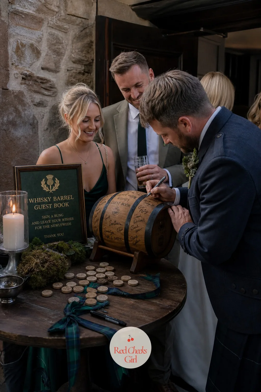 The Whisky Barrel Guest Book — A blank book sitting open on a table rarely gets more than three signatures all evening. Scottish wedding ideas