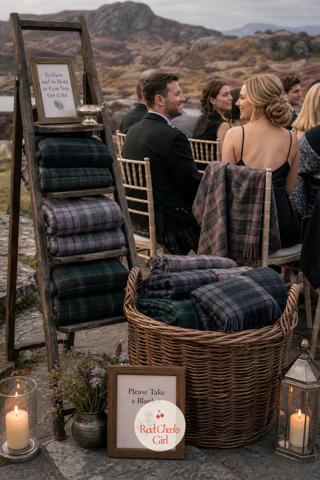 Wool Tartan Blankets For Guests — An outdoor Highland ceremony in anything but high summer means someone's teeth are chattering by the time the toasts start.