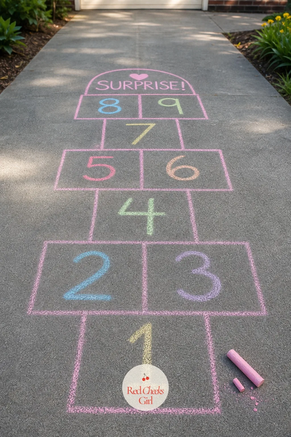 The Chalk Hopscotch Reveal — She draws a hopscotch grid on the driveway the way she has done a hundred times before, except today every chalk line comes out in