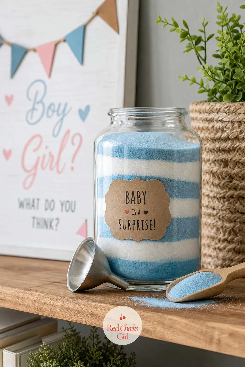 The Layered Sand Jar — She tips the very first scoop of coloured sand into a clear glass jar, and whoever goes next adds a layer on top until the whole family