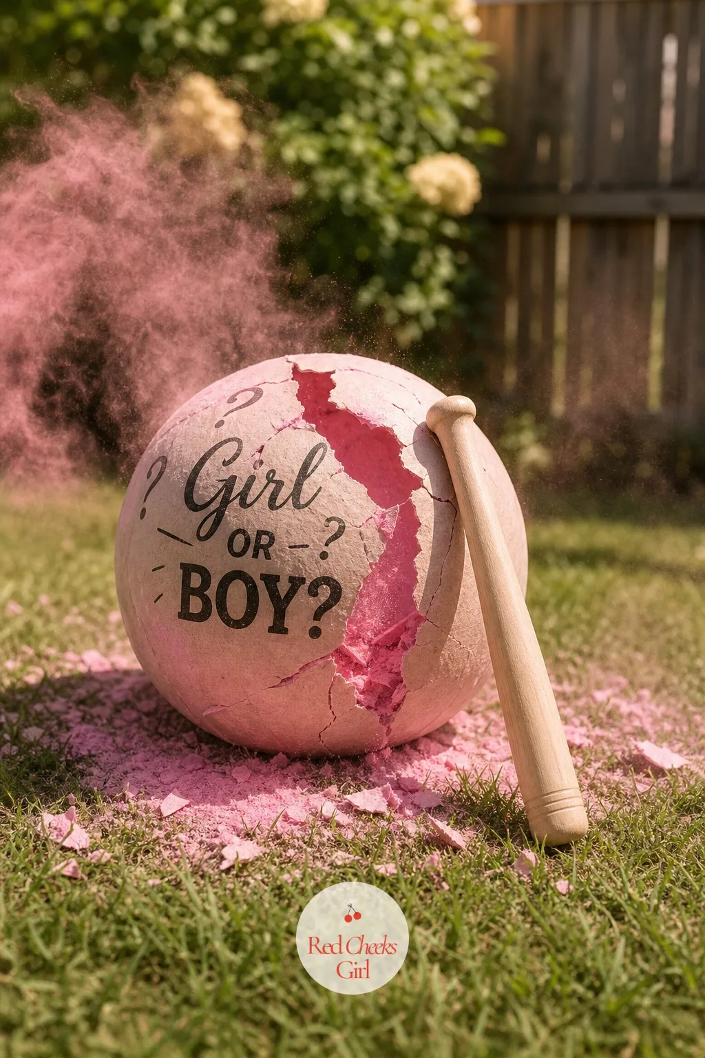 The Powder-Filled Reveal Ball — She winds up with a toy bat and swings at a ball that looks ordinary until it cracks, and then there is a cloud of colour