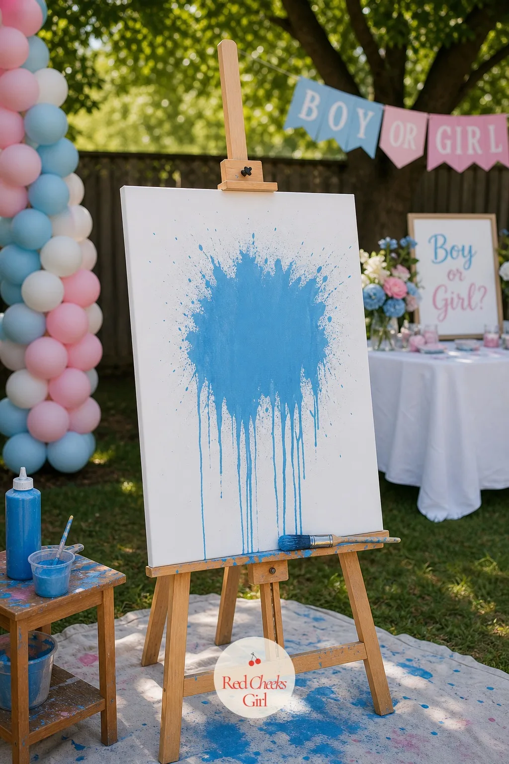 The Reveal Canvas — She stands in front of a blank canvas with a loaded brush or a paint-filled balloon in hand, and the first mark she makes is the answer