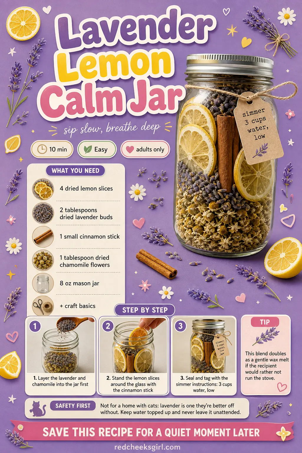 Lavender Lemon Calm Jar Craft Card printable sheet. Simmer pot gift