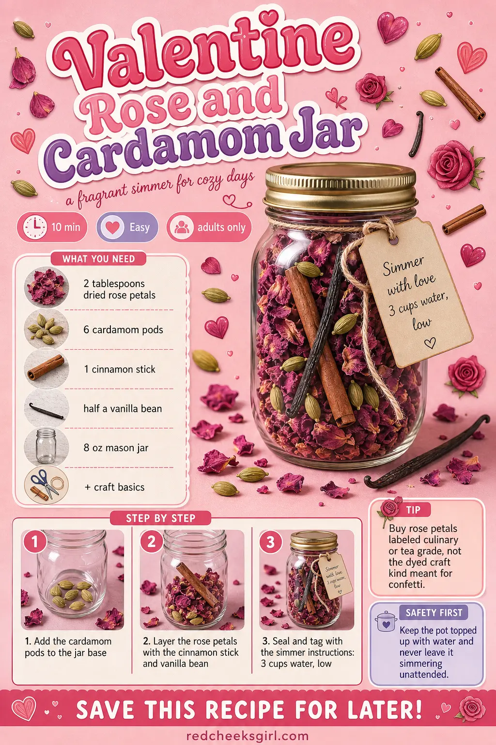Valentine Rose and Cardamom Jar Craft Card printable sheet. Simmer pot gift