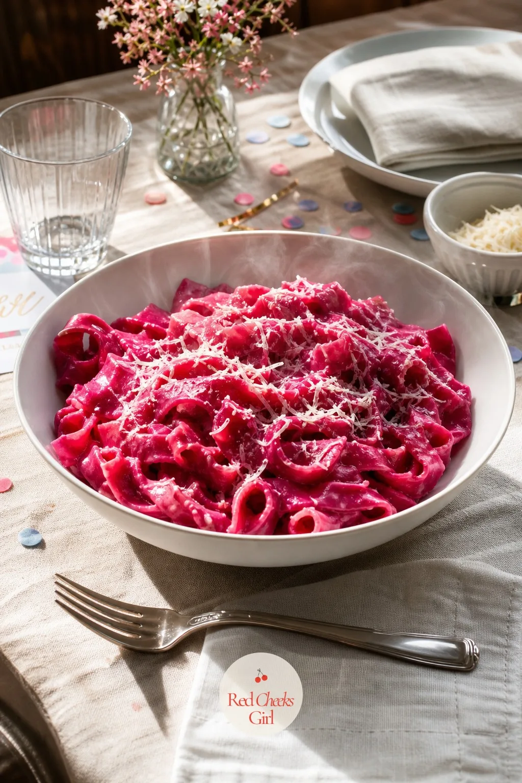 Beet-Pink Pasta Bowl — Dinner as planned, except the pasta itself has turned pink, tossed simply so the color stays the whole point rather than hidden under a