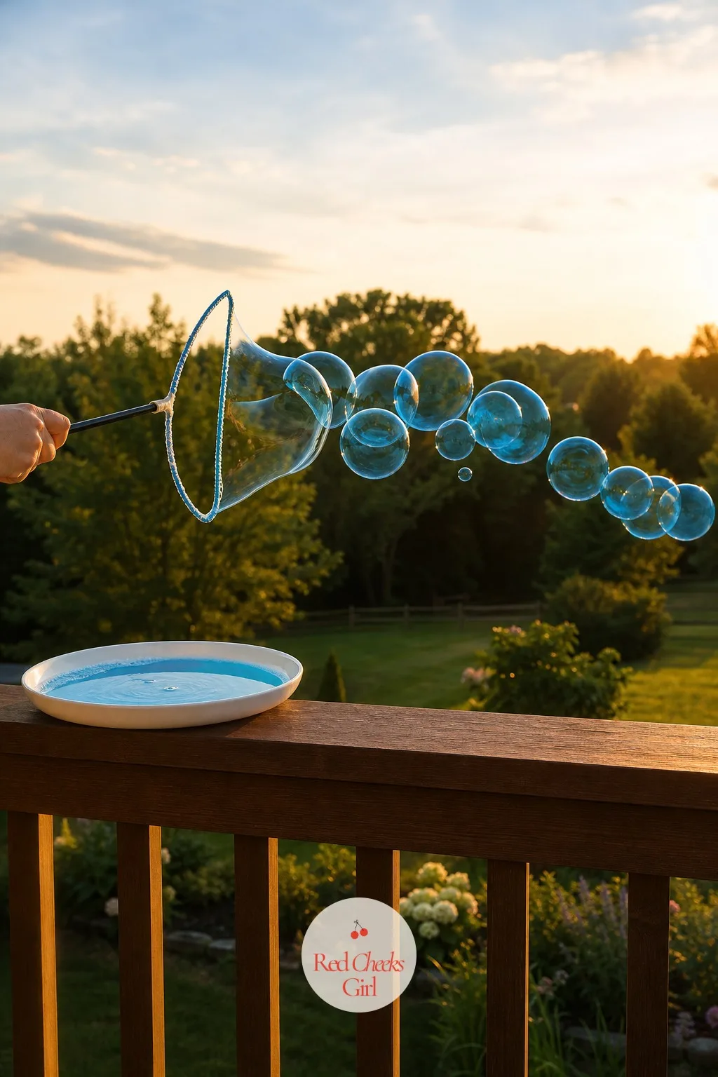 Bubble Wand Over the Porch Rail — Dyed bubbles catching late light look like nothing a party store sells, which is exactly why this one reads as a surprise