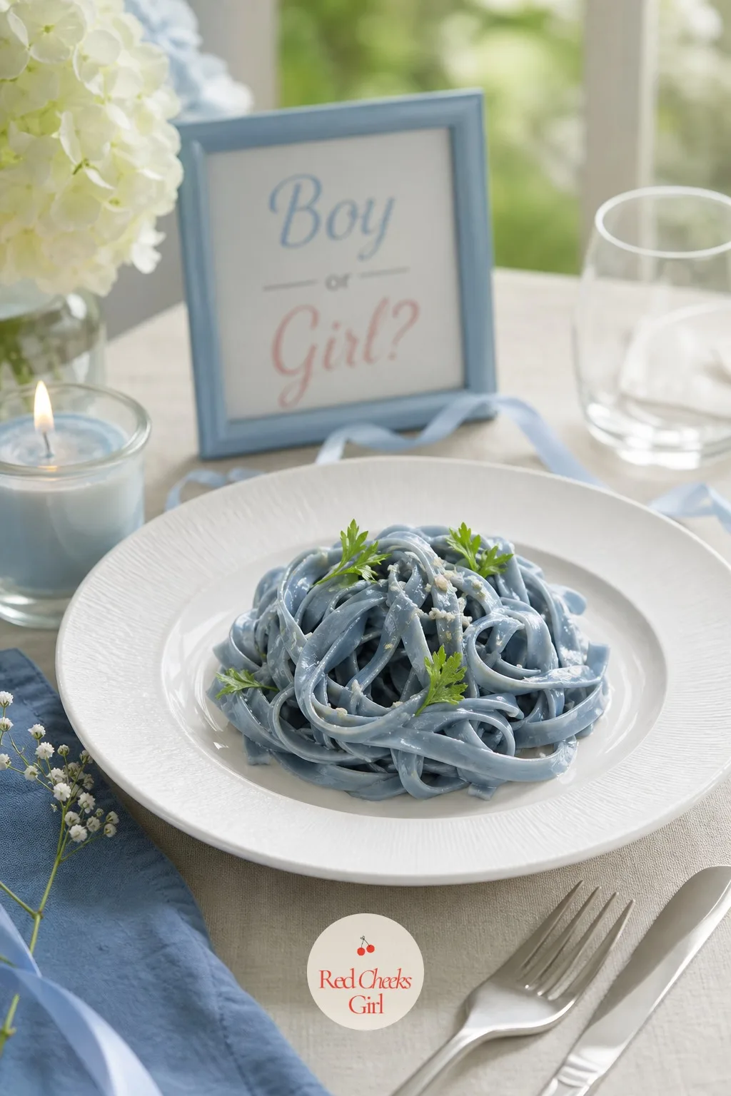 Butterfly Pea Blue Pasta Plates — Individually plated rather than served family style, this one suits a quieter dinner for two where each plate gets its own