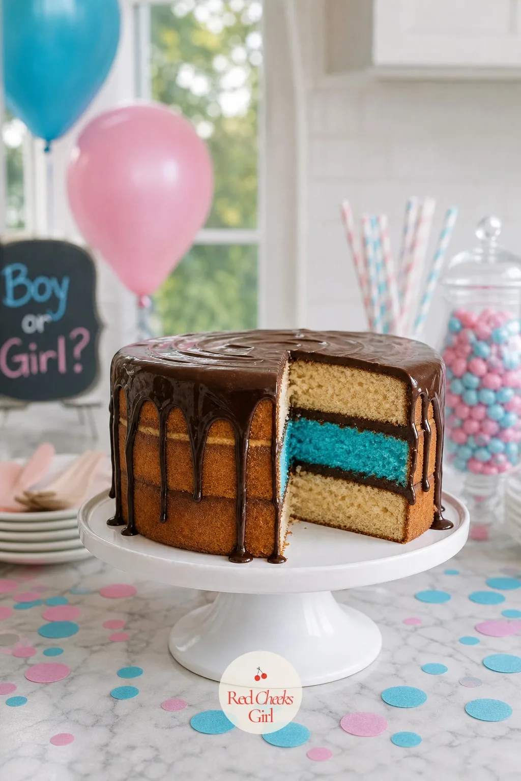 Chocolate Drip Cake With a Sky Blue Crumb — A naked-style cake, chocolate ganache dripping down the sides, looks like a dessert chosen for taste alone, which