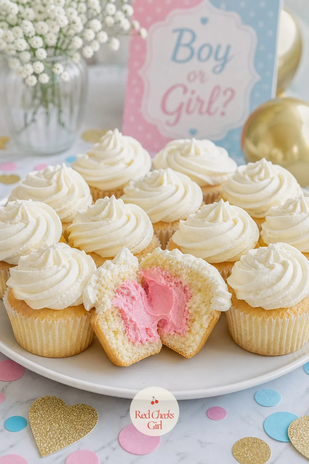 Cored Cupcakes With Pink Buttercream Center — Plain white swirls on top of a dozen cupcakes look like nothing is happening, which is the whole trick, because