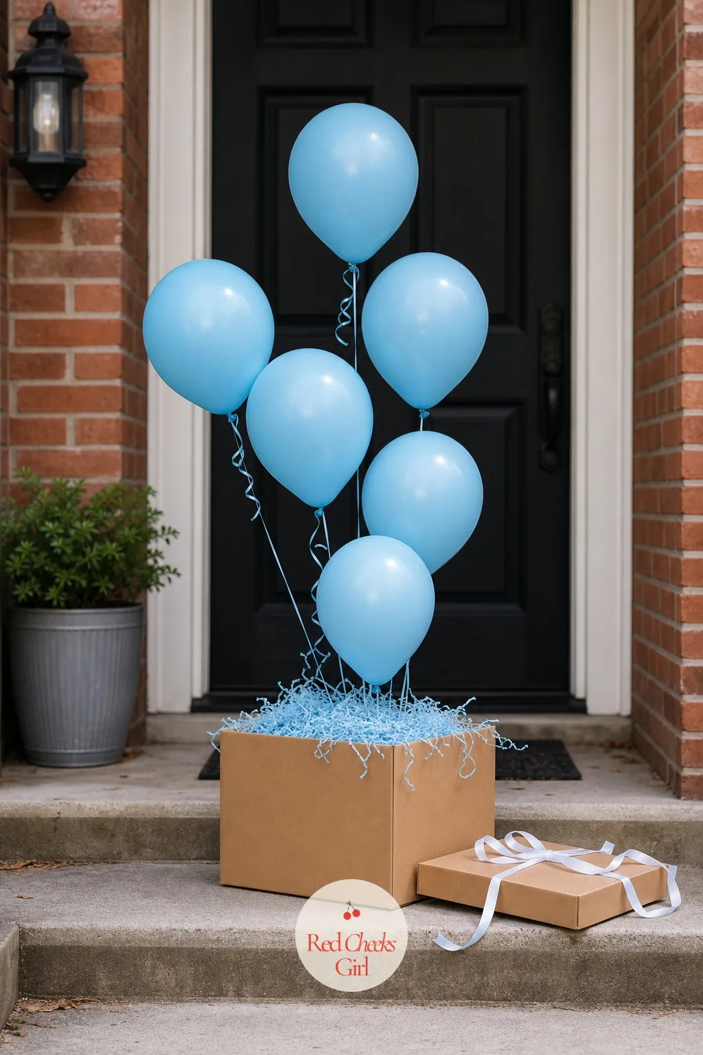 Doorstep Box in Sky Blue — Not every reveal needs an audience in the room. Simple gender reveal ideas