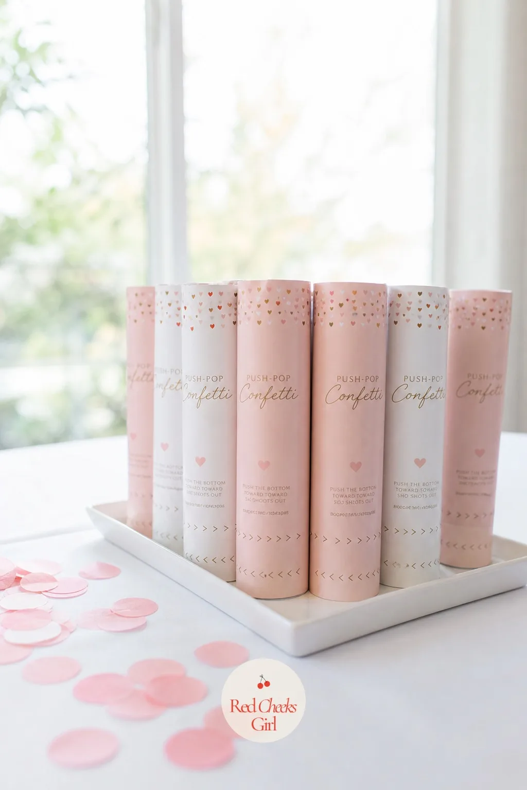 Hand-Held Confetti Poppers in Blush and White — A popper needs no setup speech: pull the string, get a burst, see the color. Simple gender reveal ideas