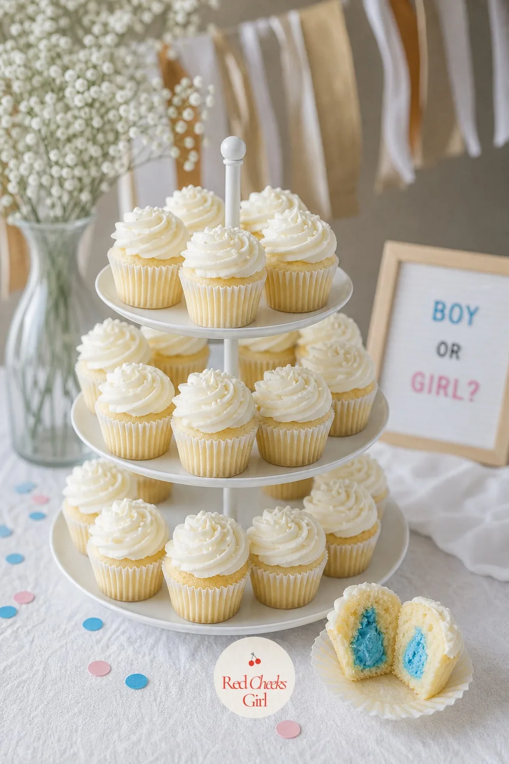 Mini Cupcake Tower With Blue Filling — The same cored trick, stacked up a tiered stand instead of spread flat on a plate, so there's a taller moment on the