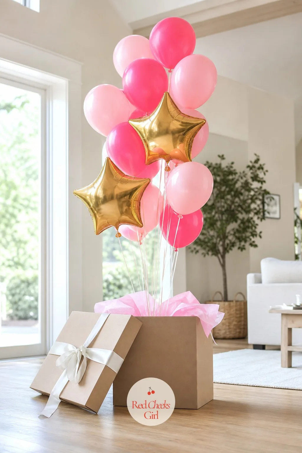 Pink-and-Gold Balloon Box — A cardboard box doesn't look like much, until the lid comes off and a cloud of balloons spills upward in one breath. Simple gender