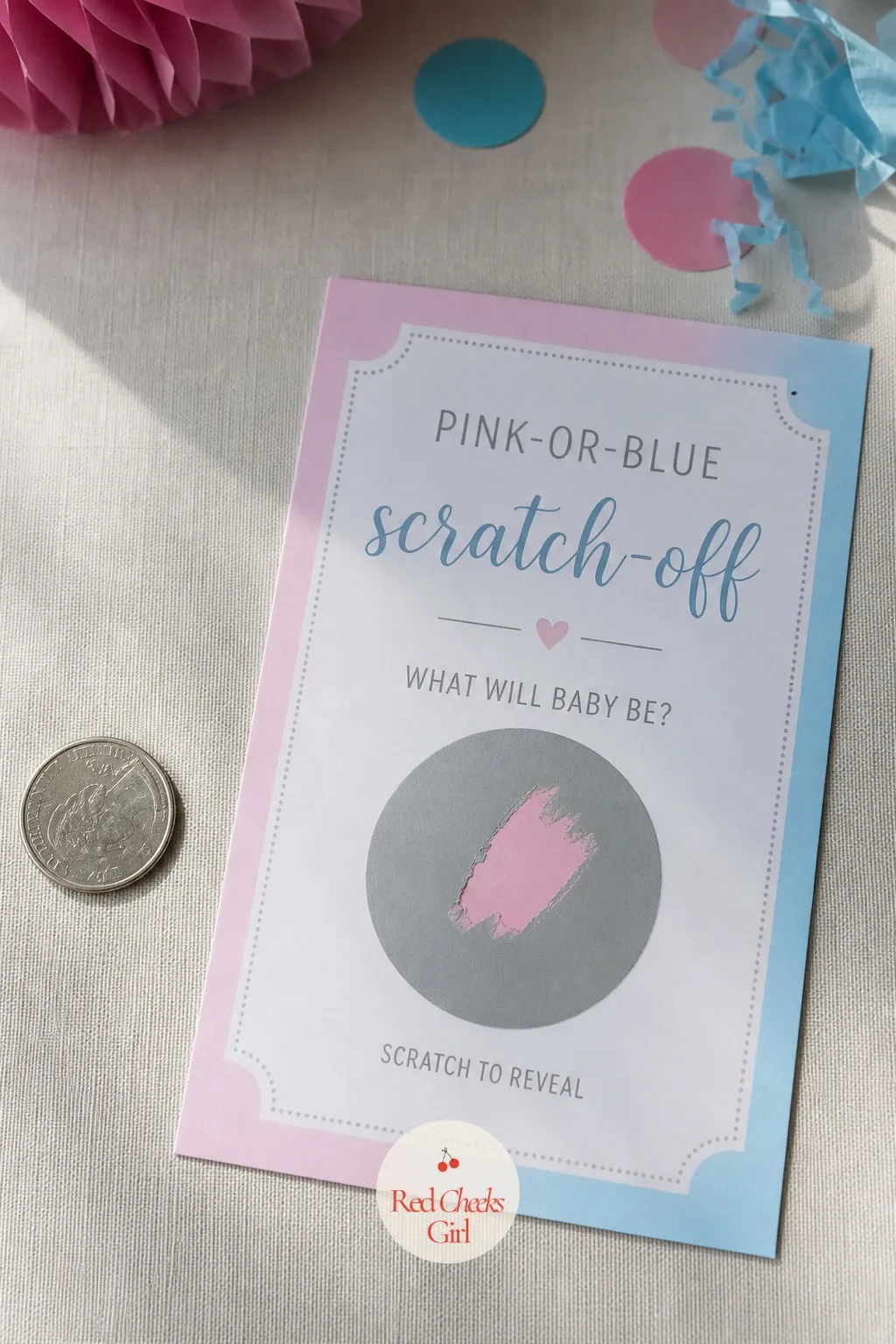 Pink-or-Blue Scratch-Off Card — A plain card that looks ordinary until a coin scrapes away a dull gray patch and the color shows underneath, giving the person