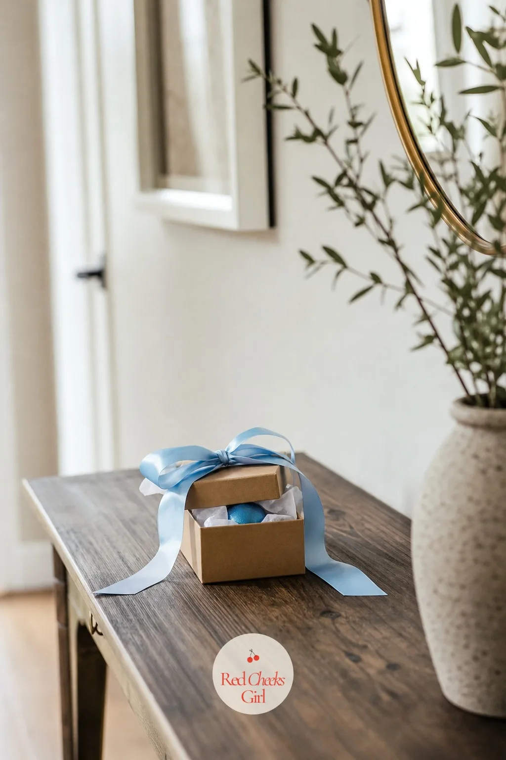 Ribbon-Tied Box With a Colored Ornament Inside — Tied shut with ribbon in the reveal color rather than wrapped in paper, this box sits somewhere she'll pass by