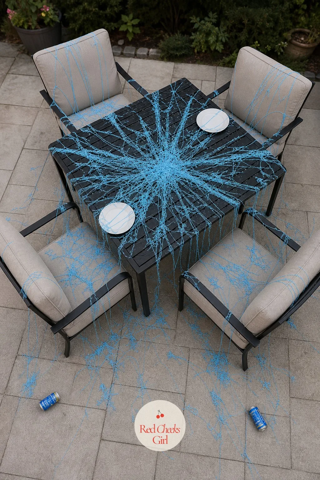 Silly String Starburst on the Patio — Outdoors, two cans sprayed at once from opposite directions cross mid-air and land in a starburst pattern rather than a