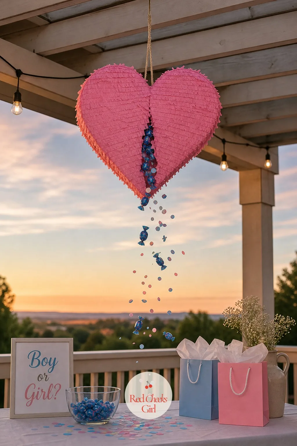 Single Heart Piñata Over the Porch — One larger heart-shaped piñata, hung from a porch beam rather than indoors, so the candy and confetti spill onto grass or