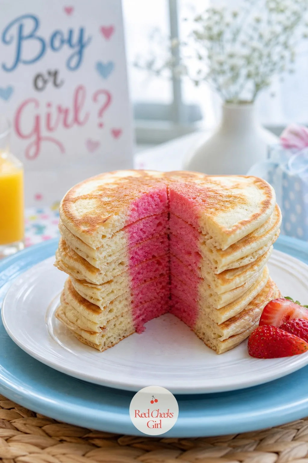 Stack of Pancakes With a Pink Centre Pour — Breakfast as usual, until the knife goes through the stack and a ring of pink shows through the middle of every