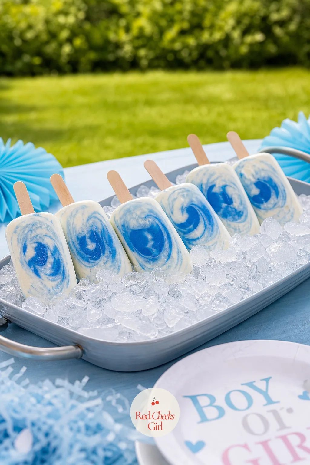 Swirled Blue Popsicle Tray on Ice — Rather than layered, this one swirls blue through plain cream so the color shows the moment the popsicle is pulled from the