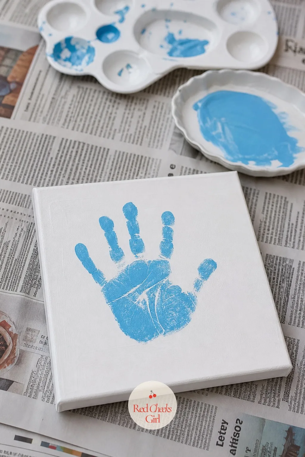 Two-Tone Handprint Canvas — An indoor version of the same idea, for anyone without a yard to throw anything across: two shallow trays of paint, one of them the