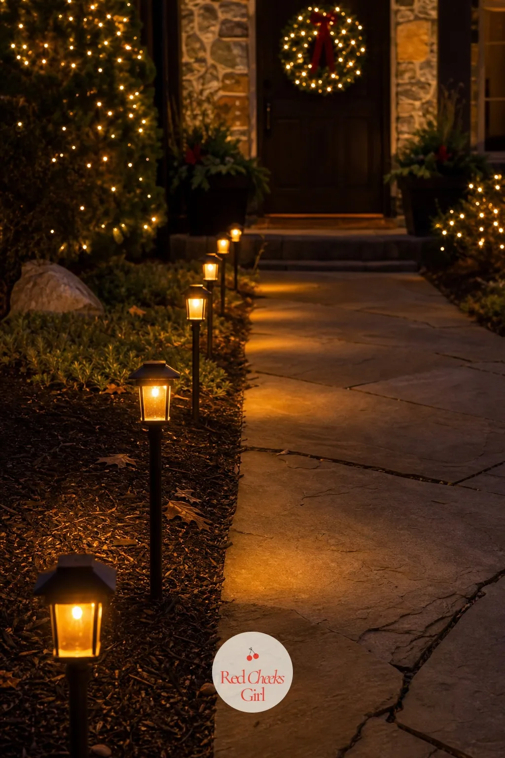 Amber Stake Lights Along the Front Walk — A dark path from the car to the door is the kind of thing nobody notices until someone trips on it. Simple outdoor