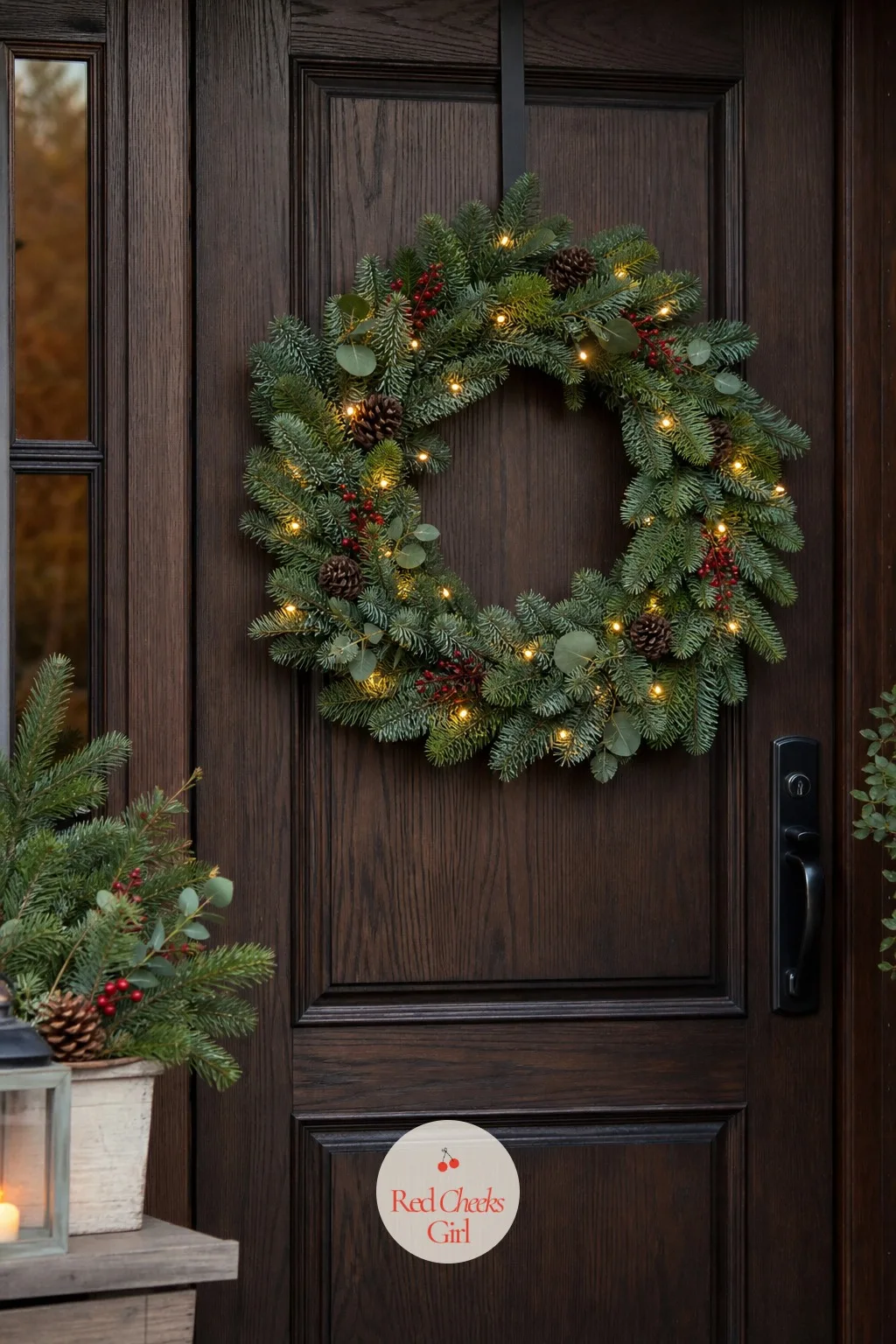 A Battery-Lit Wreath on the Door — The door is almost never near an outlet, which is exactly why most wreaths stay dark. Simple outdoor christmas lights