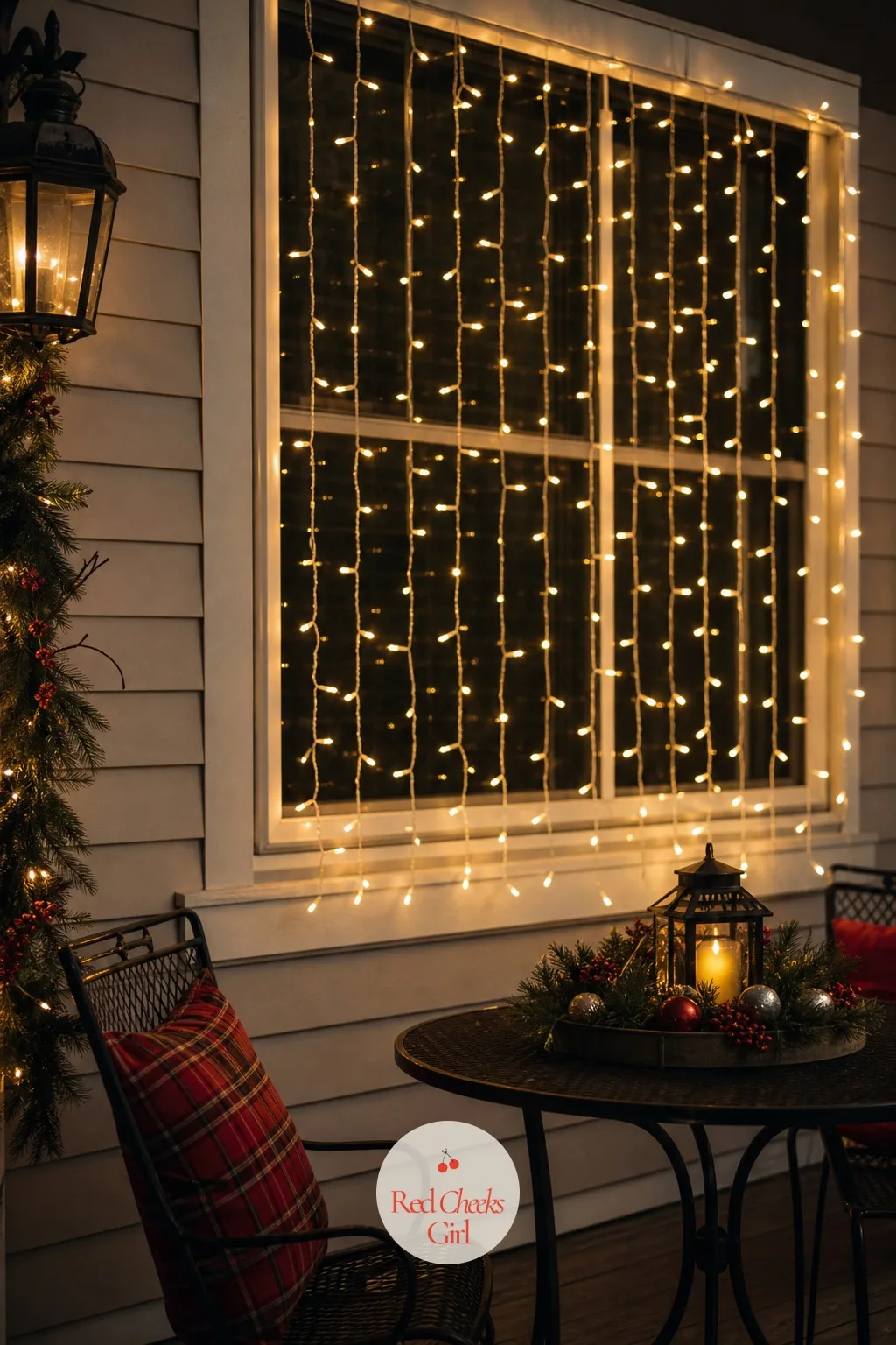 A Curtain of Lights Across the Porch Window — A single string along a window frame looks thin from the street. Simple outdoor christmas lights